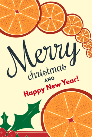 Merry christmas vector illustration for holiday design, party poster, greeting card or invitation. Holiday background with cinnamon and orangeのイラスト素材