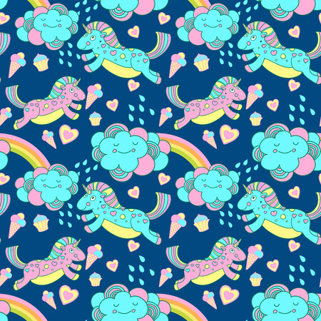 Vector seamless pattern with the unicorns, clouds and rainbowのイラスト素材