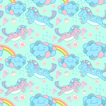 Vector seamless pattern with the unicorns, clouds and rainbowのイラスト素材