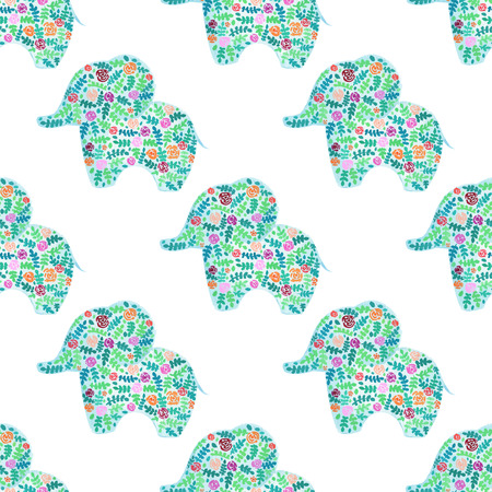 Vector watercolor floral patterned elephant seamless patternのイラスト素材