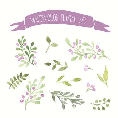 Olive colored watercolor vector floral setのイラスト素材