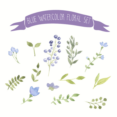 Blue watercolor vector floral setのイラスト素材