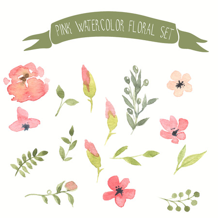 Pink watercolor vector floral setのイラスト素材