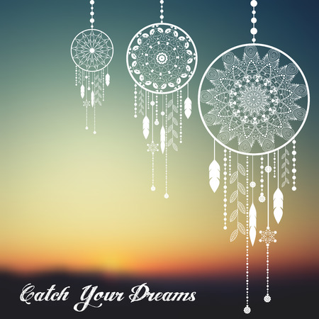 dream catcher on sunset blurred mesh background with sample text. vector illustrationのイラスト素材