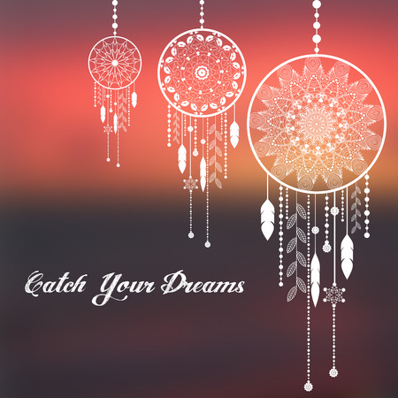 dream catcher on sunset blurred mesh background with sample text. vector illustrationのイラスト素材