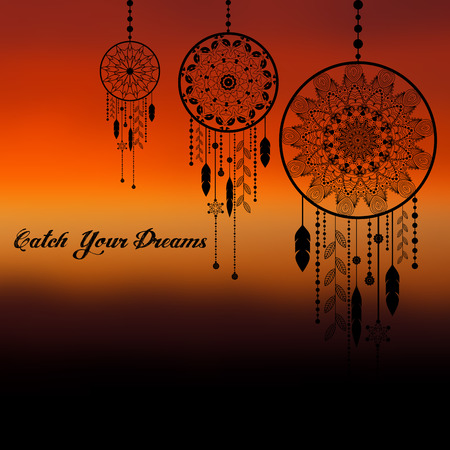 dream catcher on sunset blurred mesh background with sample text. vector illustrationのイラスト素材