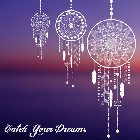 dream catcher on sunset blurred mesh background with sample text. vector illustrationのイラスト素材