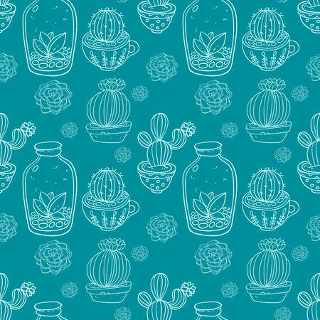 Succulents and cactus vector handpainted seamless patternの写真素材