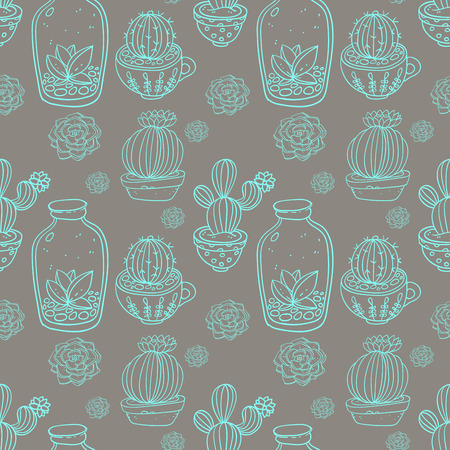 Succulents and cactus vector handpainted seamless patternの写真素材