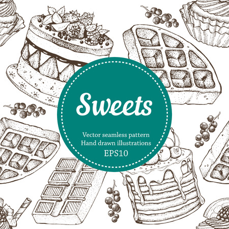Vectorhand drawing dessert bakery illustration. Sweet food sketch seamless patternのイラスト素材