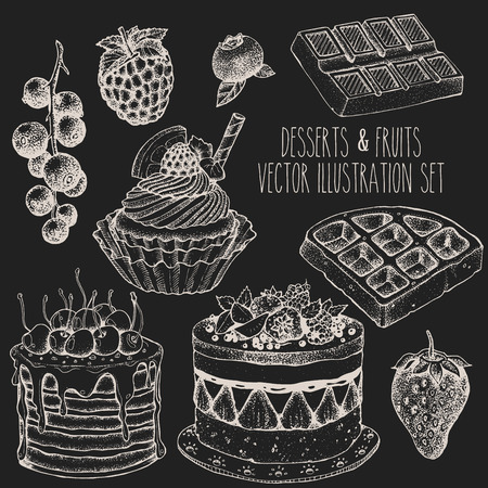 Dessert fruit sweet set. Cake, cupcake, waffle, strawberry, raspberry, blueberry, currant. Sketch vector hand drawn illustration.のイラスト素材