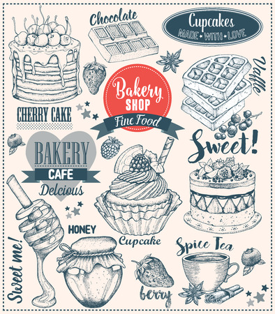 Set Of Vintage Retro Bakery Labels On White. Dessert cake, cupcake, chocolate, berry, honey, waffle decoration collection of calligraphic and typographic element style design, frame, objects.のイラスト素材