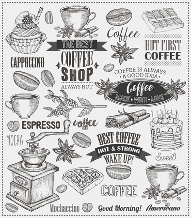Set Of Vintage Retro Coffee Labels On Chalkboard . Coffee decoration collection | Set of calligraphic and typographic elements styled design, frames, vintage labels.のイラスト素材