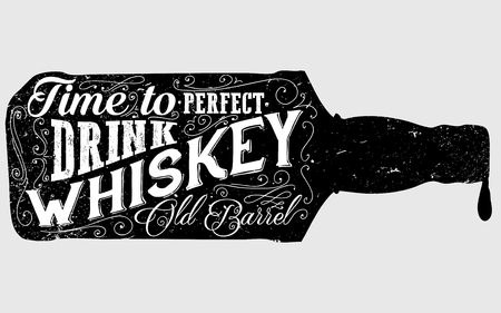 Whiskey bottle retro old vintage design illustration. Chalkboard poster typographic grunge label vector. Handwritten time to drink. Black bottle.のイラスト素材