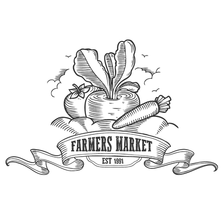 Farmers market badge. Monochrome vintage engraving fresh organic vegetables sign isolated on white background. Sketch vector hand drawn illustration.のイラスト素材