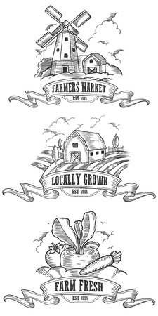 Farmers market badges. Monochrome medieval set vintage engraving sign isolated on white background. Sketch vector hand drawn illustration. Locally grown, fresh food retro doodles.のイラスト素材