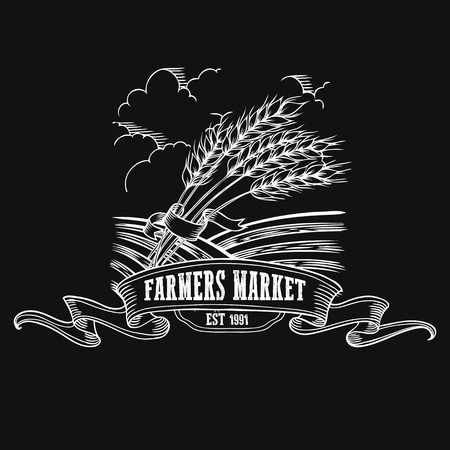 Farmers market badge. Monochrome vintage engraving fresh organic bread, ear, spica  sign isolated on black background. Sketch vector hand drawn illustration.のイラスト素材