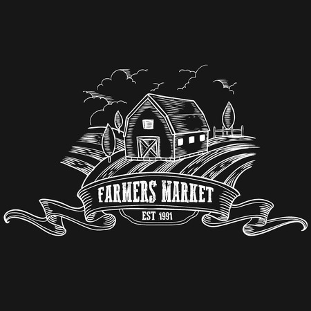 Farmers market badge. Monochrome medieval farm vintage engraving sign isolated on black background. Sketch vector hand drawn illustration.のイラスト素材