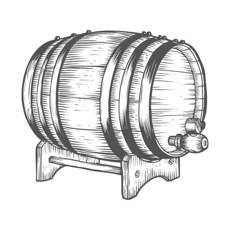 Wooden craft beer, whiskey, alcohol barrel. Black and white vintage engraved hand drawn vector illustration. Craft container sketchのイラスト素材