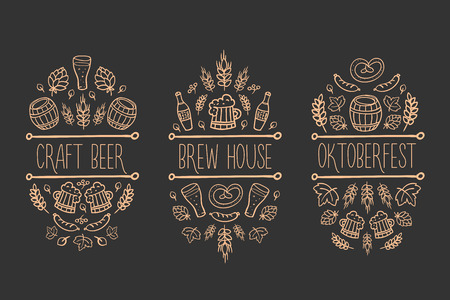 Beer, craft brew house sketch doodle collection, vector hand drawn label elements. barrel, mug, wheat, hop plant, bottle, leaf, sausage, pretzel. Oktoberfest traditional food and attributes. Black backgroundのイラスト素材