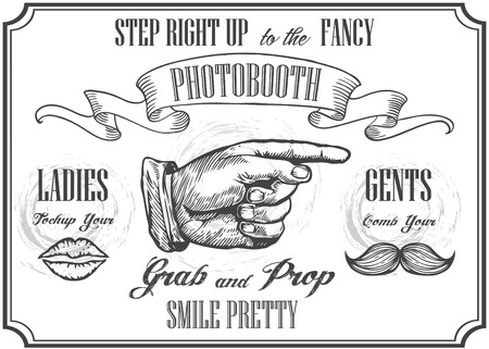 Photobooth pointer sign. Vector photo booth props. Photo Automat Pointer. Photobooth sign with engraving hand with moustaches and lips. White background.のイラスト素材