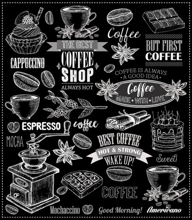 Set Of Vintage Retro Coffee Labels On Chalkboard . Coffee decoration collection | Set of calligraphic and typographic elements styled design, frames, vintage labels. Vector.のイラスト素材