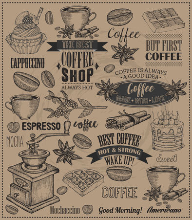 Set Of Vintage Retro Coffee Labels. Dessert cake, cupcake, chocolate decoration collection of calligraphic and typographic element styled design, frame, objects. Vector. Craft paper backgroundのイラスト素材