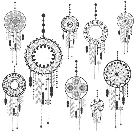 Dream catcher dreamcatcher aztec feather tribal vector patterned set with decoration. Native american illustration isolated on white background.のイラスト素材