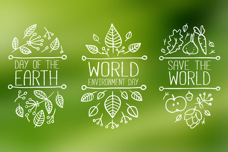 World environment day, Earth Day, Save the World hand drawn lettering doodle card, poster. Vector illustration with leaves. Concept on blurred backgroundのイラスト素材