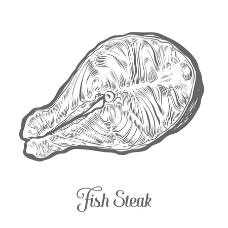 Salmon, tuna fish steak sketch vector illustration. Fresh Yellowfin. Hand drawn engraved etch ink illustration. Marine food. Healthy seafood. Organic product. Black on white backgroundのイラスト素材