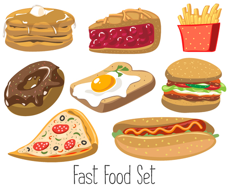 Set of cartoon fast food. Vector illustration, isolated on white. Pizza, pie, hamburger, egg, toast, pizza, donut, hot dog, fries, pancakesのイラスト素材