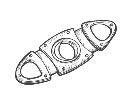 Cigar guillotine cutter, hand drawn retro vintage engraved vector illustration. Tobacco And Smoking tool emblem. Classical traditional accessory. Black isolated on white background.のイラスト素材