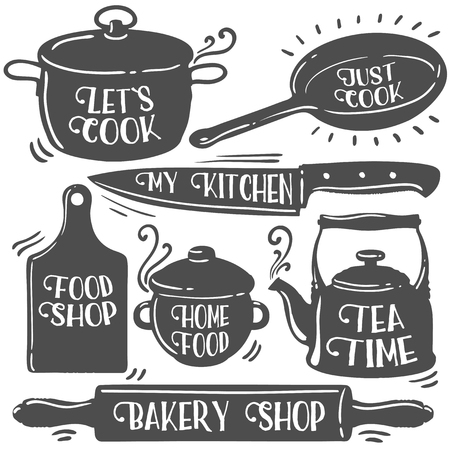 Kitchen tools related typography set. Bakery shop, Tea time, Let`s cook, home food, food shop, my kitchen, just cook. Quotes about cooking. Retro Vintage vector collection illustration. Black on whiteのイラスト素材