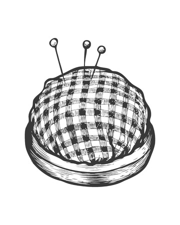 Pin cushion vector isolated illustration. Hand drawn doodle sketch sewing tool.のイラスト素材