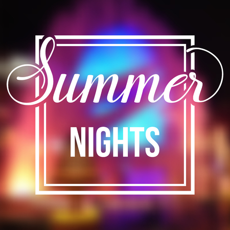 Summer night blurred background with bright lights. Minimalistic multifunctional media backdrop. Editable. Summer nights. Vector hand lettering summer inspirational typography frame posterのイラスト素材