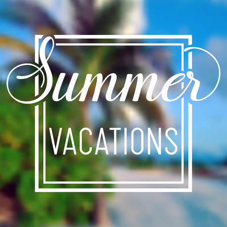 Summer time vacations blurred background with palms and bush. Minimalistic multifunctional media backdrop. Editable. Summer vacations. Vector lettering summer inspirational typography frame posterのイラスト素材
