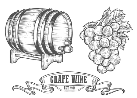 Wine set. Winemaking products in sketch retro vintage style. Hand drawn Vector sketch illustration with wine barrel, grapes, grape twig. Classical alcoholic drink.のイラスト素材