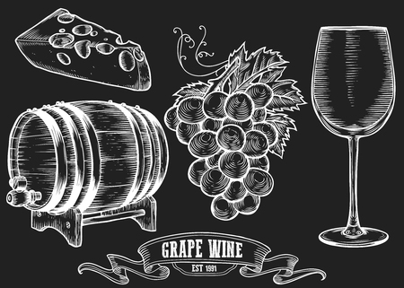 Wine set. Winemaking products in sketch retro vintage style. Hand drawn Vector sketch illustration with wine barrel, grapes, wine glass, cheese, grape twig. Classical alcoholic drink. White on blackのイラスト素材