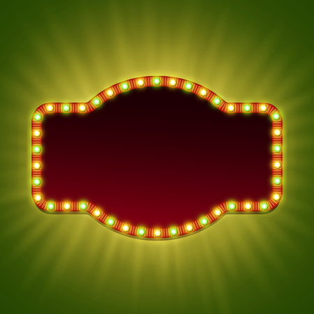 Blank 3d retro light banner with shining bulbs. Red frame with red and green lights and blank space for your advertising text.のイラスト素材