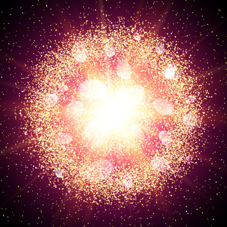 Abstract golden explosion with gold glittering elements. Burst of glowing star. Dust firework light effect with pink glow. Sparkles splash powder background. Vector illustration.のイラスト素材