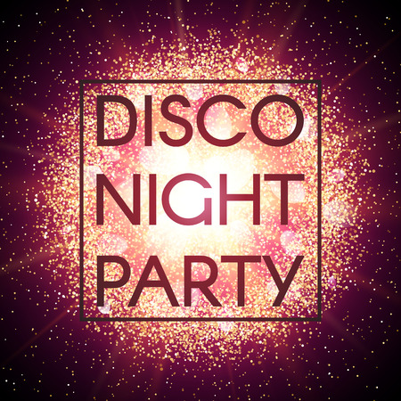 Disco night party banner on abstract explosion background with gold glittering elements. Burst of glowing star. Dust firework light effect. Sparkles splash powder backdrop. Vector illustration.のイラスト素材