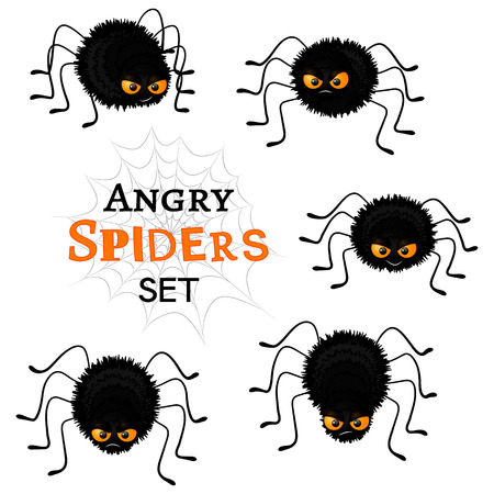 Cartoon scary black spiders set isolated on white background. Funny insects characters with angry faces and orange eyes. Flat Halloween elements collection for your design. Vector illustrationのイラスト素材