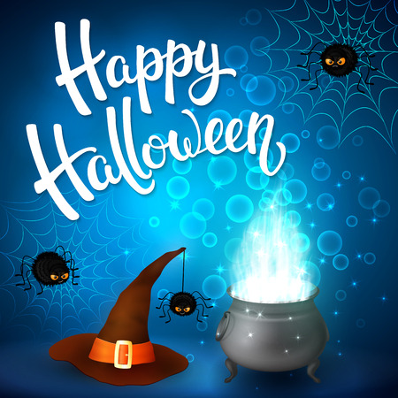 Halloween greeting card with witch cauldron, hat, angry spiders, net and brush lettering on blue background with bubbles. Decoration for poster, banner, flyer design. Vector illustrationのイラスト素材