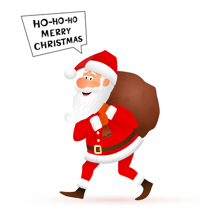 Santa Claus flat character isolated on white background. Walking funny old man carrying sack with gifts and telling Merry Christmas.のイラスト素材