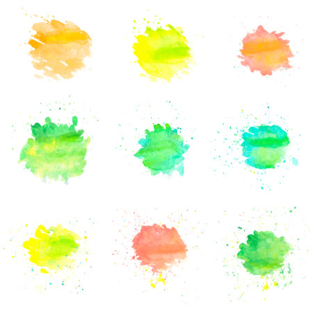 Watercolor circles isolated on white background. Set of colorful hand painted drops. Autumn tints.のイラスト素材