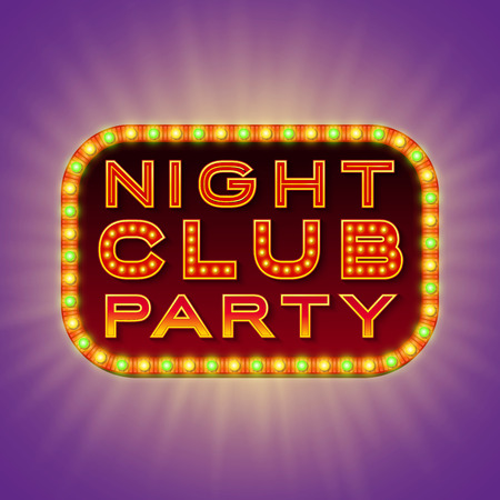Night club party. 3d retro light banner with shining bulbs. Red sign with green and yellow lights on dark background. Club street signboard. Advertising frame with glow. Vintage vector illustrationのイラスト素材