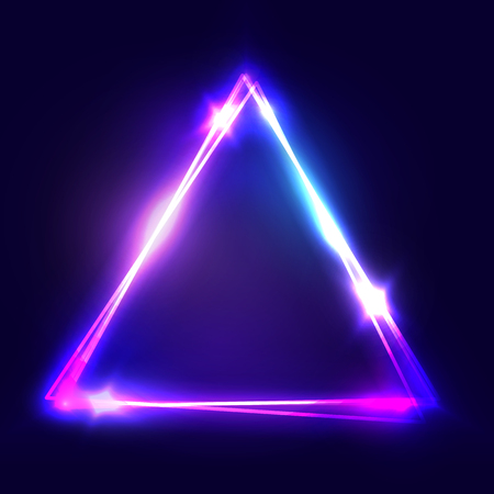 Neon sign. Triangle background. Glowing electric abstract frame on dark backdrop. Light banner with glow. Bright vector illustration with flares and sparklesのイラスト素材