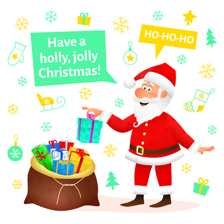 Santa Claus flat character isolated on white Christmas hand drawn background. Funny old man carrying sack with gifts, waving hand and wishing holly jolly Christmas. Cartoon vector illustrationのイラスト素材