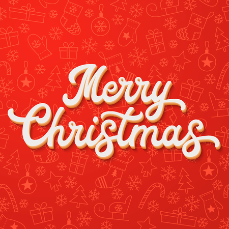 White 3d Xmas lettering on red Christmas background with sleighs, trees, balls, gifts. Decoration for seasons greeting cards design. Font vector illustrationのイラスト素材