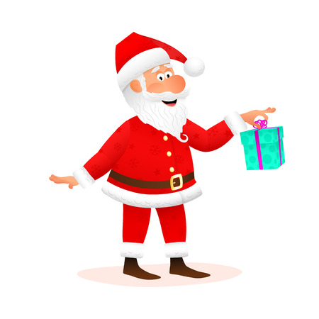 Santa Claus flat character isolated on white background. Standing funny old man is holding Christmas gift with ribbon and smiling. Christmas and New Year cartoon vector illustrationのイラスト素材